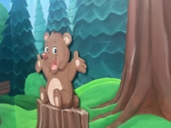 A friendly cartoon bear relaxing on a stump in the woods, with green trees and a sunny sky in the background.